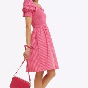 Draper James Dress XXL Pink Red Stripes CAM Smocked Preppy Summer Square Neck